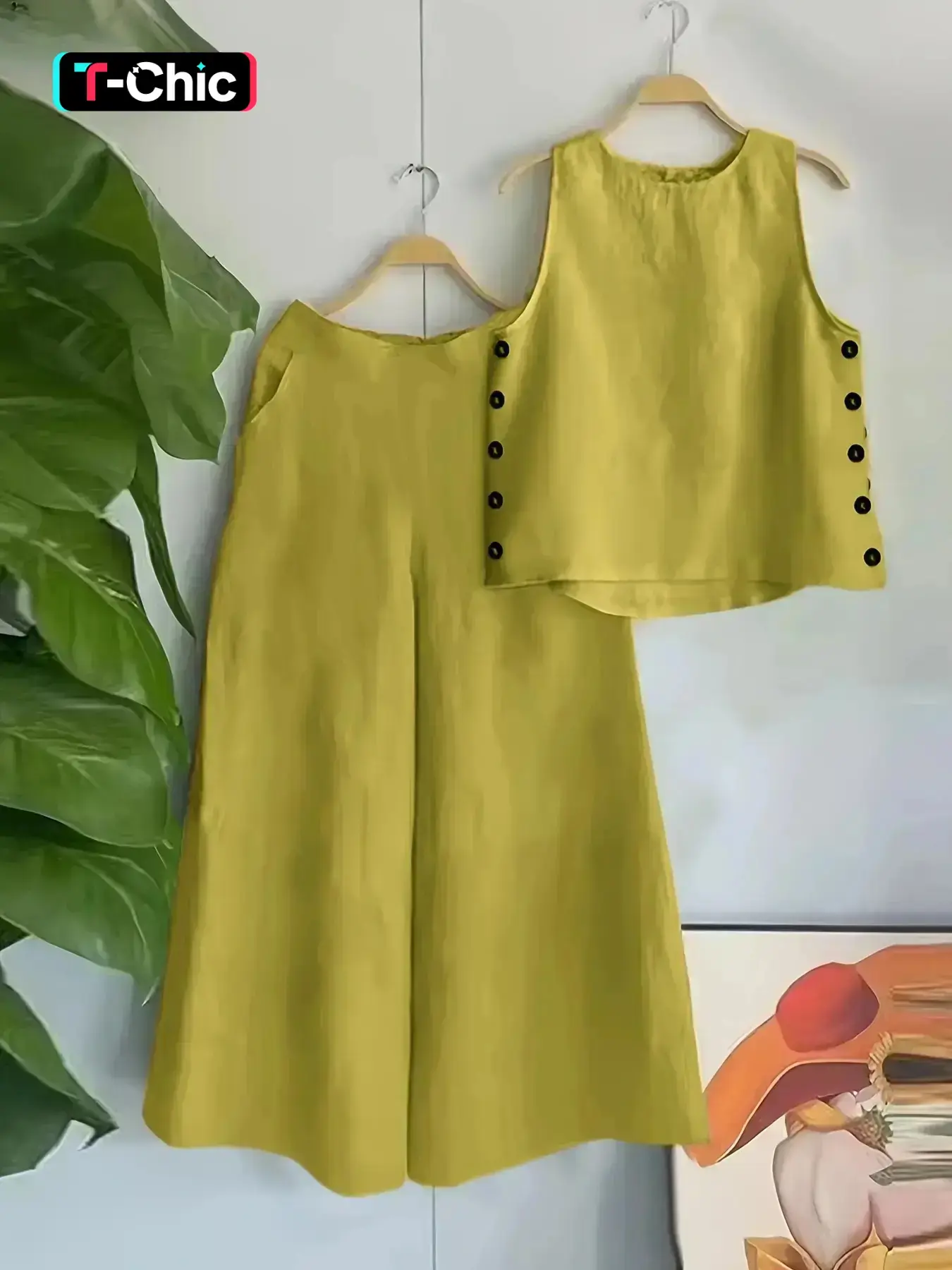 Women's Solid Tank Top & Wide Leg Pants Set with Pockets, Matching Clothing Set, Elegant Fashion Casual Two-piece Outfits for Daily Outdoor Wear, Summer Clothing