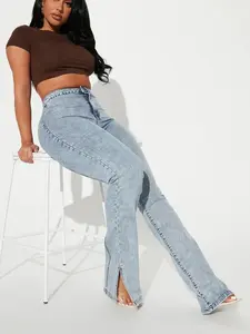 Side Slit Stretch Slim Bootcut Jeans - Acid Wash Denim