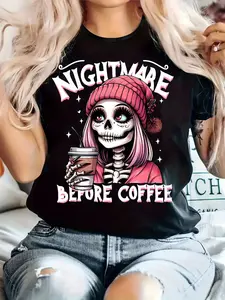 "Nightmare Before Coffee" Skull Pattern T-Shirt - Casual Crew Neck Short Sleeve Top, Soft Fabric, Breathable and Comfortable for Everyday Wear - Trendy Autumn Outfit, Unique Halloween Apparel, Humorous Gift Idea for Female Coffee Lovers.