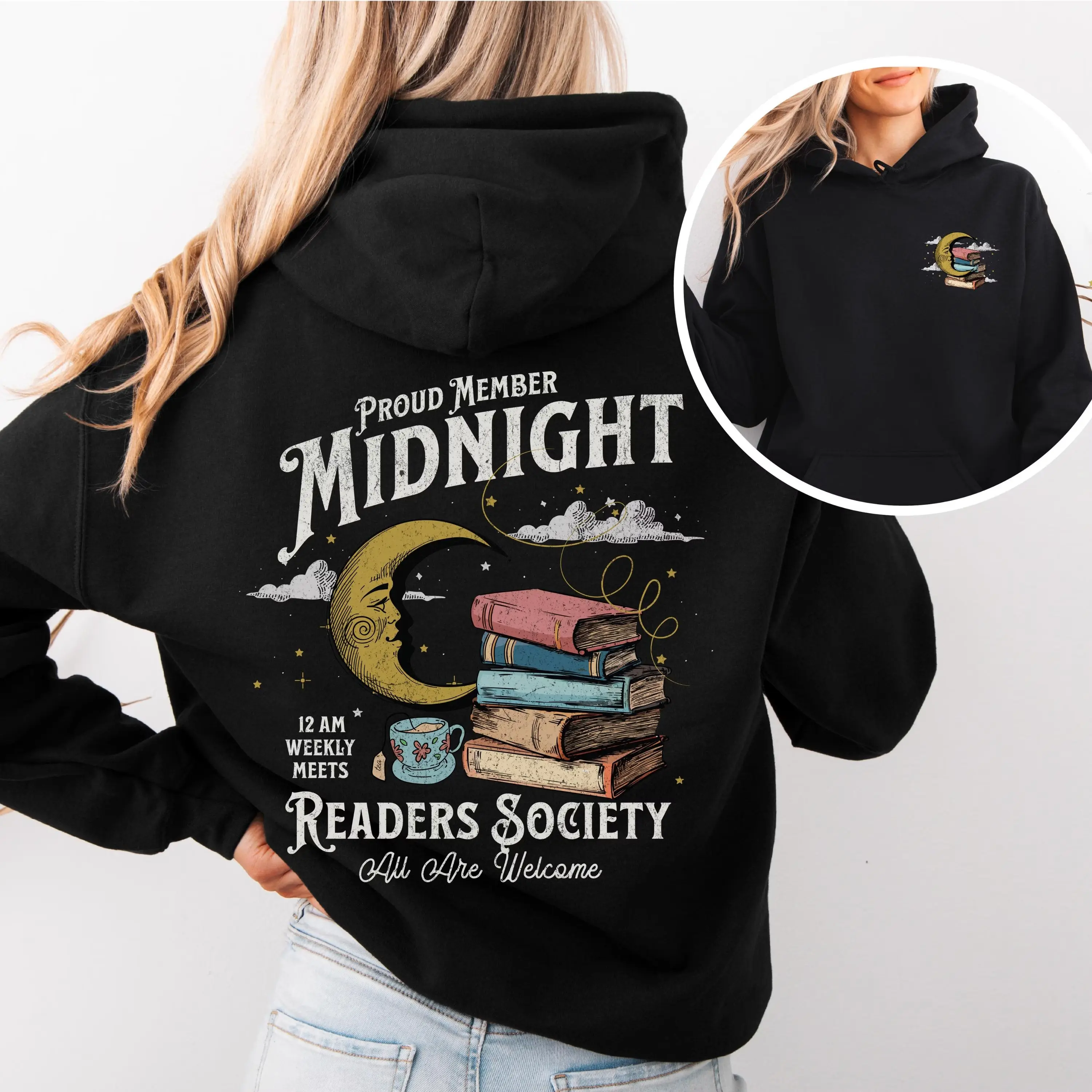 Youth Adult Midnight Readers Society Hoodie, Retro Bookish Hoodie, Cozy Hooded Sweatshirt, Book Lover Gift, Ideal for Book Clubs, Trendy Reader Hoodie