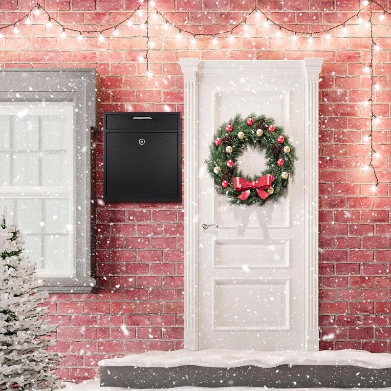 Locking Mailbox with Key for Outdoor 12 x 10.5 x 4.7 Inches Large Wall Mount Mail Box with Lock Security Mail Drop Metal Collection Boxes Hanging Secure Postbox(Black)