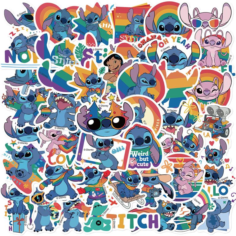 Disney Officially Licensed 50pcs Rainbow Stitch Vinyl Stickers Waterproof Classic Decals for DIY Projects & Gifts 1.57-2.76 Inches Multipurpose Use