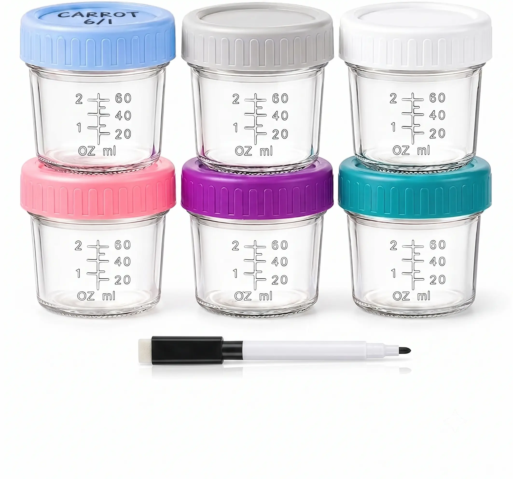 QUSEVOO 6-Pack 4 oz Glass Food Storage Containers Jars - Detachable Lid, Microwaveable Cup, BPA-Free Plastic Bases, Reusable Marker, Stackable, Freezer-Safe, Compact Reusable, Multi-Color Identification, Detachable Lid Jars, Microwaveable Cup Jars
