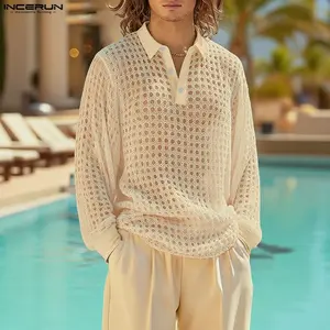 INCERUN Menswear Classic Relaxed Fit Men's Polo Shirt - Spring Summer, Boho Aesthetics, Tropical Crochet Mesh Beach Vacation Top