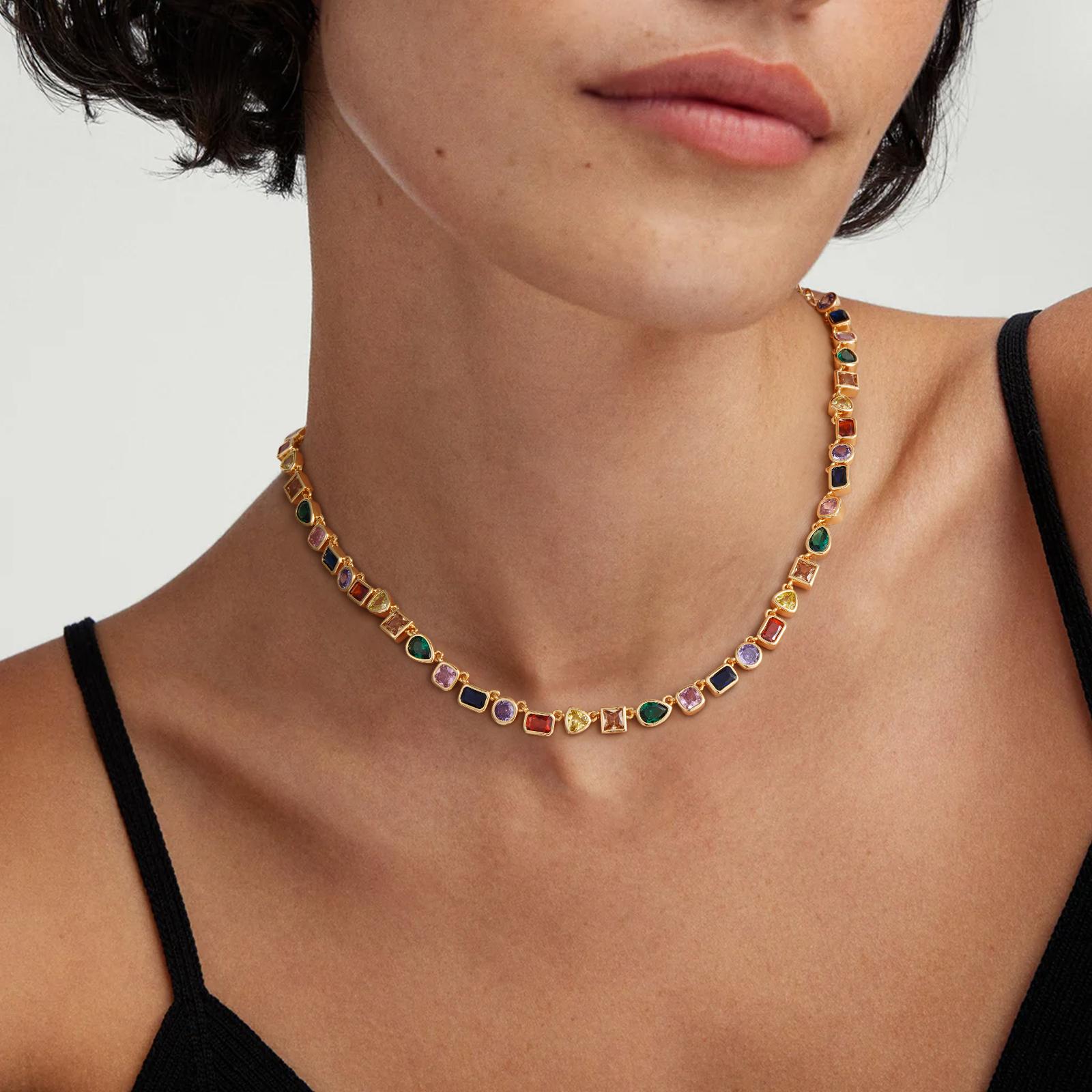 Turandoss 14K Gold Plated Rainbow Tennis Necklace - Unisex Colorful CZ & Emerald Gemstone Chain - 15+3.5” Adjustable Choker - Perfect Birthday Gift for Him & Her Turandoss 14K Gold Plated Rainbow Tennis Necklace - Unisex Colorful CZ & Emerald Gemstone Chain - 15+3.5” Adjustable Choker - Perfect Birthday Gift for Him & Her