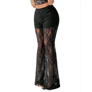 Women's Solid Lace Flare Leg Pants, Sexy Comfy  Bell Bottom Trousers for Daily Wear, Ladies Bottoms for Summer（gift） Fashion Flared