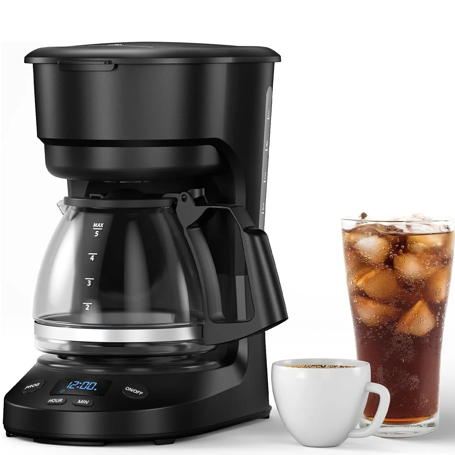 XBEAUTY 5-Cup Drip Coffee Machine - 24H Programmable Timer, 25oz Water Reservoir, Delay Brew, 2-hour Keep-Warm Plate, Auto Shut-Off, Reusable Filter, Overheat Protection, Fast Brew in About 1 Min - Ideal for Home/Office (Black), 5-Cup Capacity