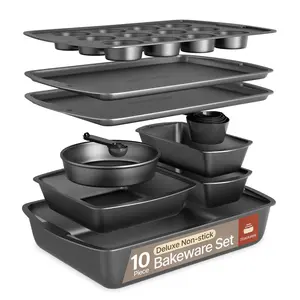 10-Piece Bakeware Set, Non-Stick Carbon Steel Tray and Pans, Stackable Space-Saving Bakeware, Dishwasher Safe