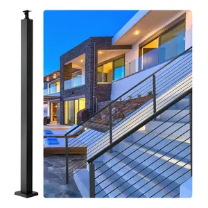 36" x 2" x 2" Cable Railing Post – 1-Pcs SUS304 Stainless Steel Level Deck Post (Without Holes) | Black, with Horizontal & Curved Brackets for Stair Handrail
