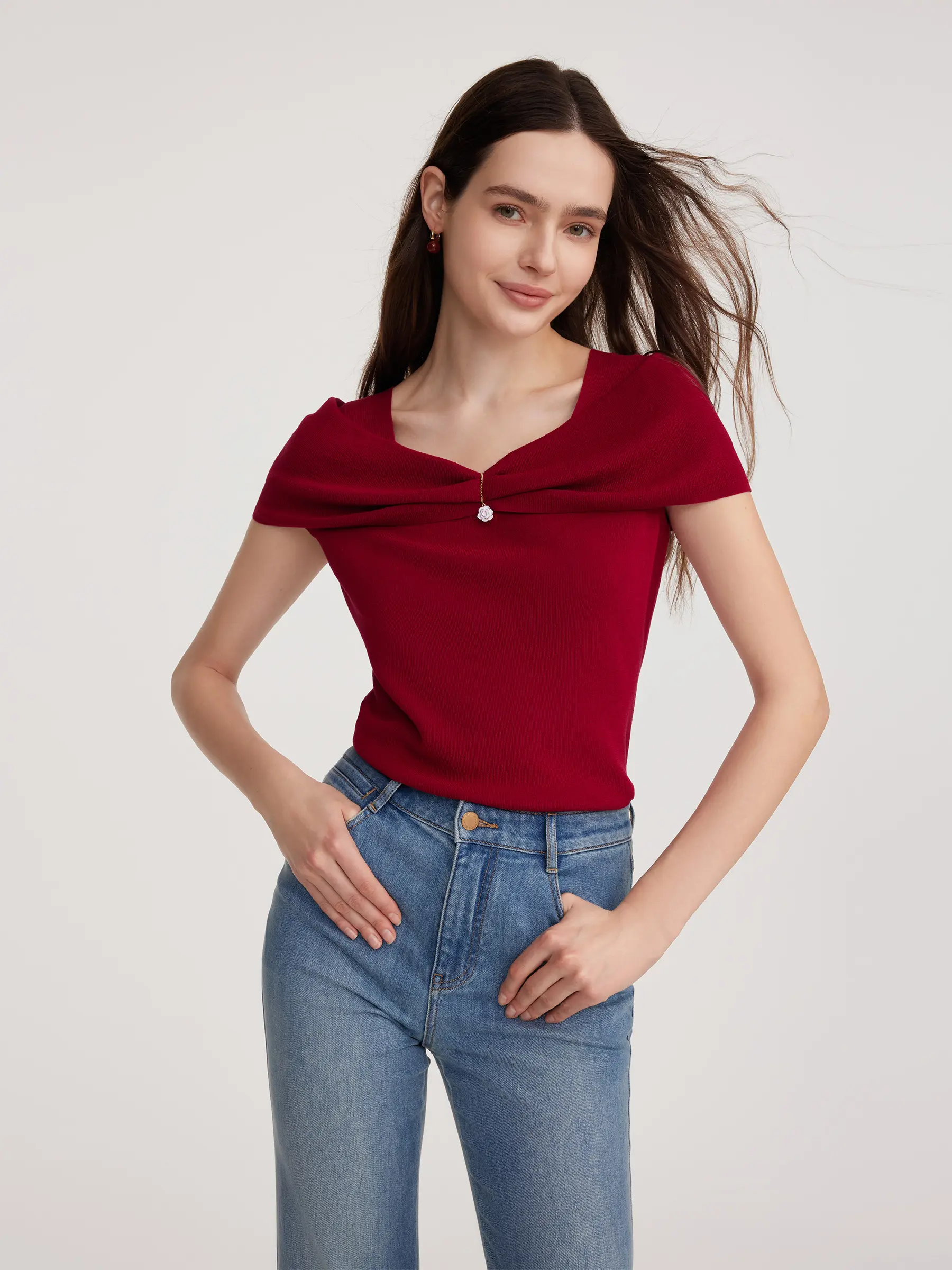 Lyocell Blend Off Shoulder Women Knit Top With Detachable Magnetic Flower