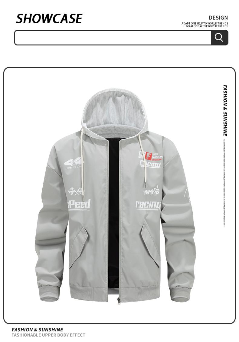 Men's stylish trendy versatile jacket with adjustable hood, featuring racing-themed print, windproof and abrasion-resistant surface design, suitable for competitions, street outings, attending racing-themed parties and gatherings, everyday casual wear, co