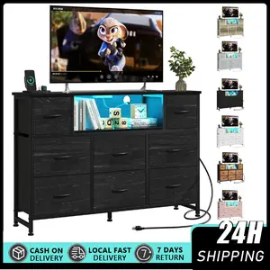 Led Dresser for Bedroom, TV Stand for Bedroom with LED Lights and Power Outlet, Wide Chest of Drawers for Hallway, 8 Fabric Drawers for Living Room and Entryway A storage cabinet with 8 fabric drawers and an electrical socket, and an LED TV cabinet