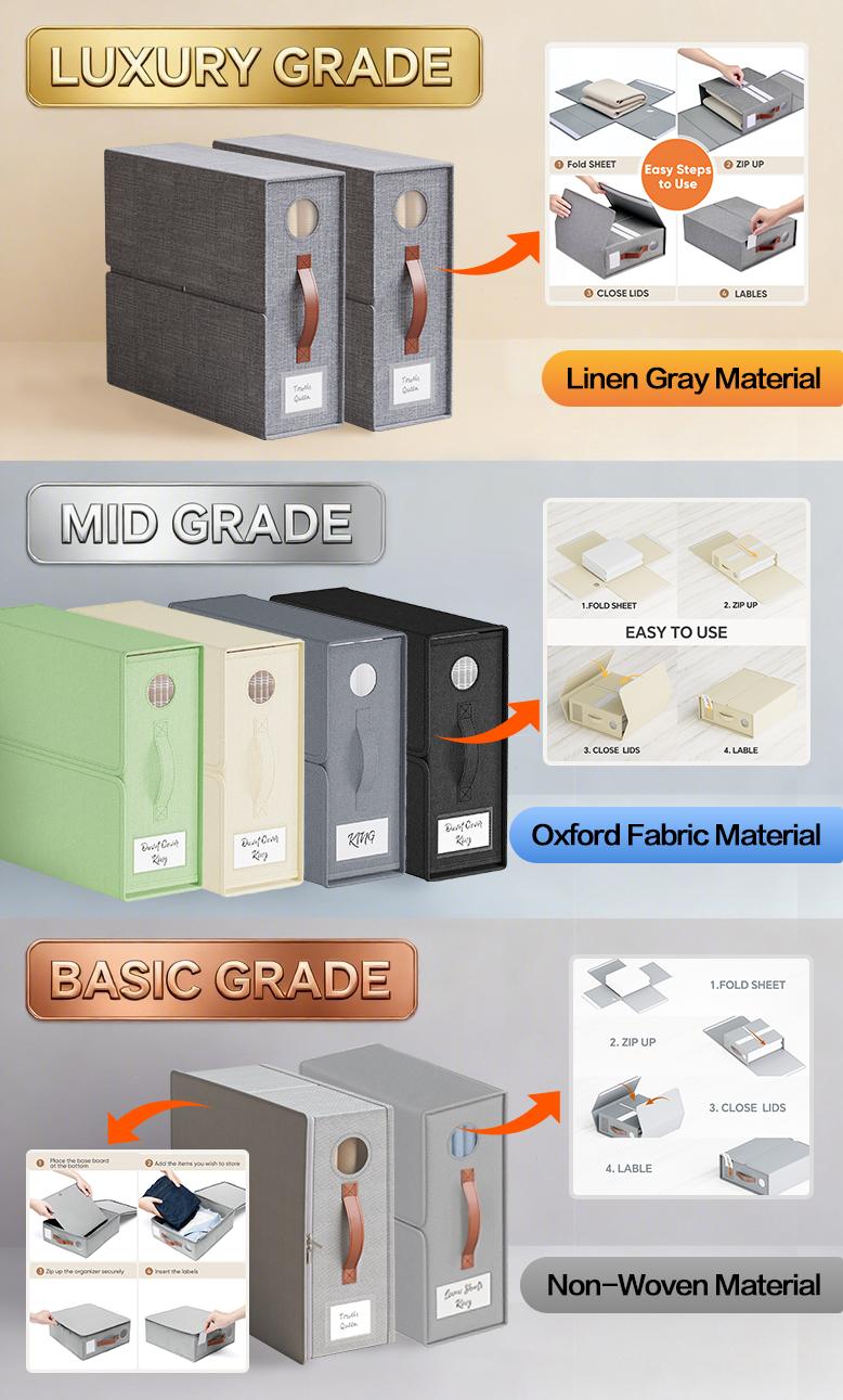 【Gift Box】TRZZ Foldable Bed Sheet Storage Bins 4-Pack | Queen/King Size Oxford Fabric Organizers with Transparent Windows & Reinforced Handles | 15"×13"×5"