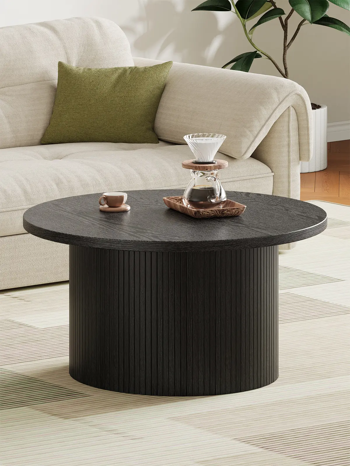 【BackToSchool】ONBRILL 31.5" Gorgeous Fluted Coffee Table, Round Mid Century Coffee Tables for Living Room, Cute Modern Wood Coffee Table, Drum Accent Small Center Table, Bedroom Furniture, Christmas Gift,dorm essentials,home decor