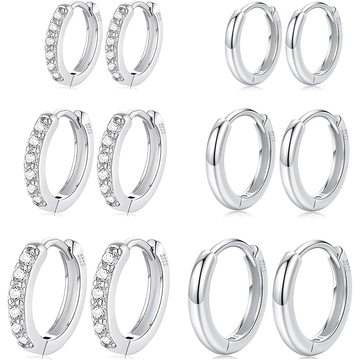 Female 6-Pair Sterling Stainless Steel Silver Small Hoop Earrings Set - Hypoallergenic Tiny Cubic Zirconia Cartilage Earrings for Multiple Piercings, Waterproof Coating, 8/10/12mm Car Interior Decoration Accessories