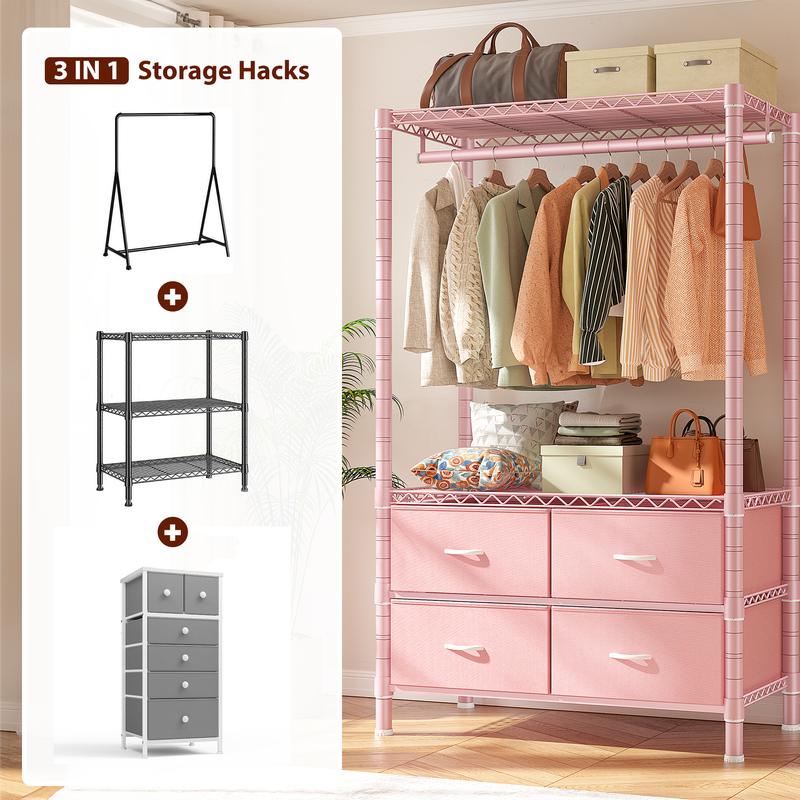 Raybee 3 in 1 Clothes Rack with 4 Drawers, 445LBS Heavy Duty Clothing Rack Closet Rack, Garment Racks for Hanging Clothes Heavy Duty Clothes Rack DIY Portable Adjustable Storage Rack for Apartment, Bedroom, Laundry Room