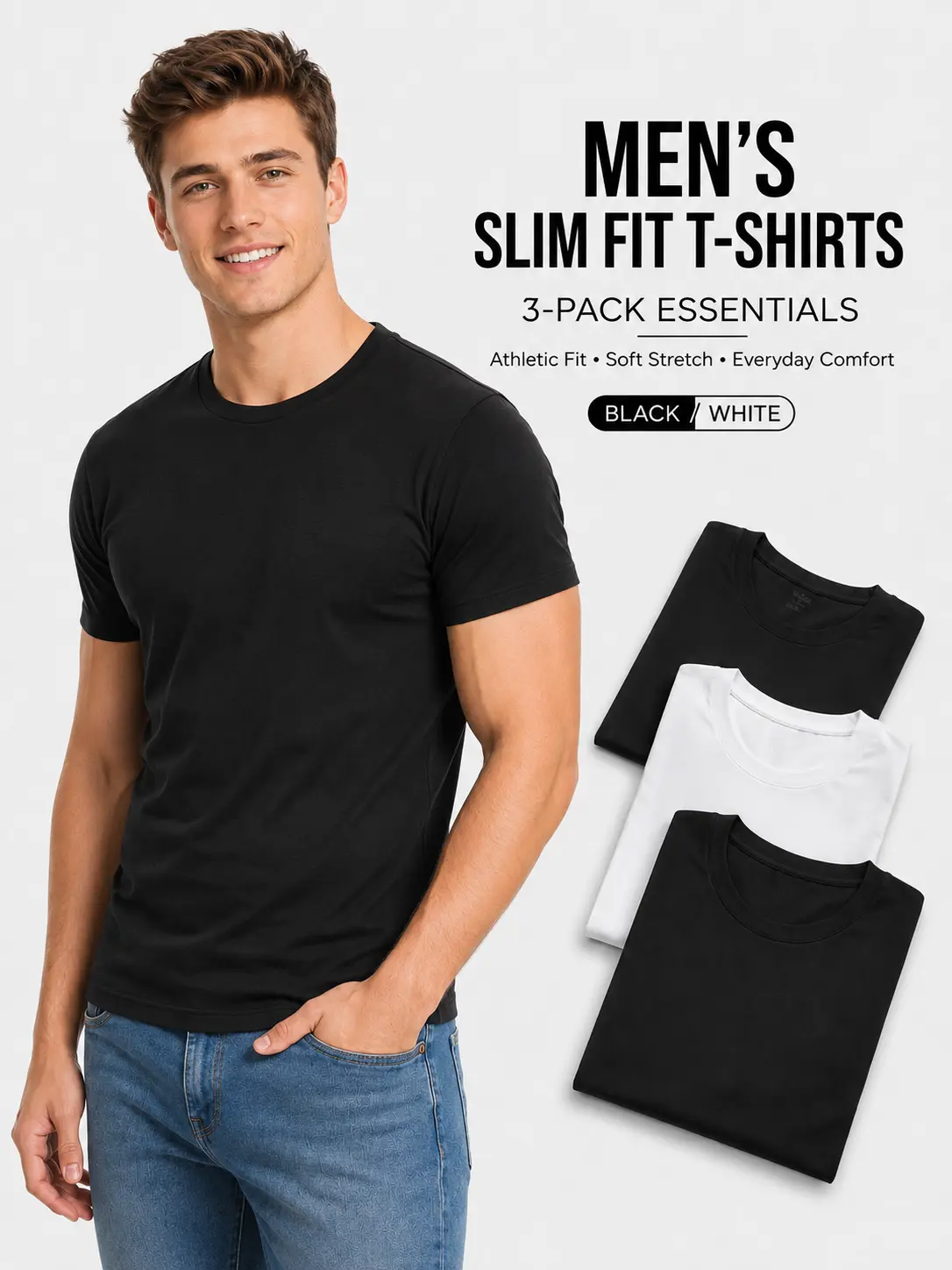 Men's 3-Pack Slim-Fit Crew Neck Short-Sleeve T-Shirts, Stretch Body-Shaping  Casual Streetwear, Workwear, Men Gifts Fitted Menswear Basic Top