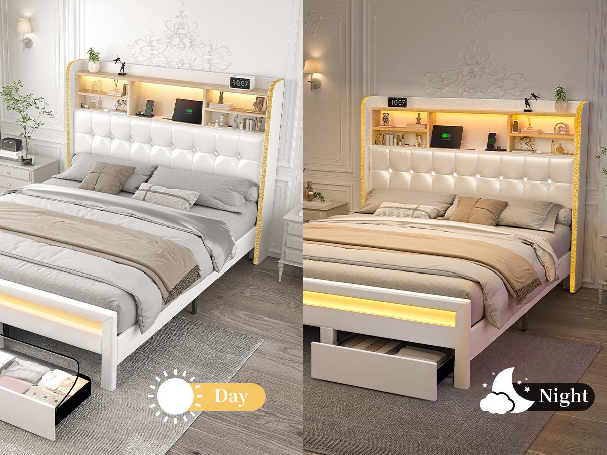 SIBEDS Queen Upholstered Bed Frame with LED Bookcase Headboard, Drawers, Charging Ports, and Tufted Wingback Design for Bedroom,White/Black/Cream/Gray