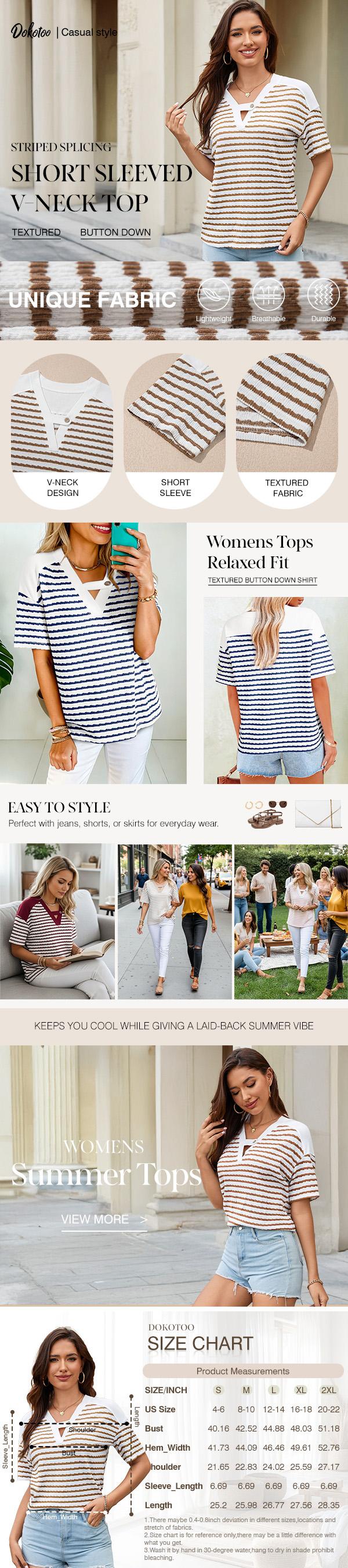Dokotoo Women's Tops Summer Casual Short Sleeve Shirts V Neck Striped Color Block T-Shirts Blouses