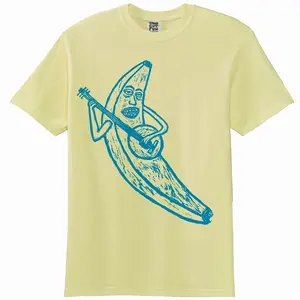 Banana Banjo Woodblock Hand-Printed T-Shirt Cotton Menswear Top Graphics Minimalist Streetwear Casual Comfort Colors All Cotton Long Sheer Yellow Tshirt