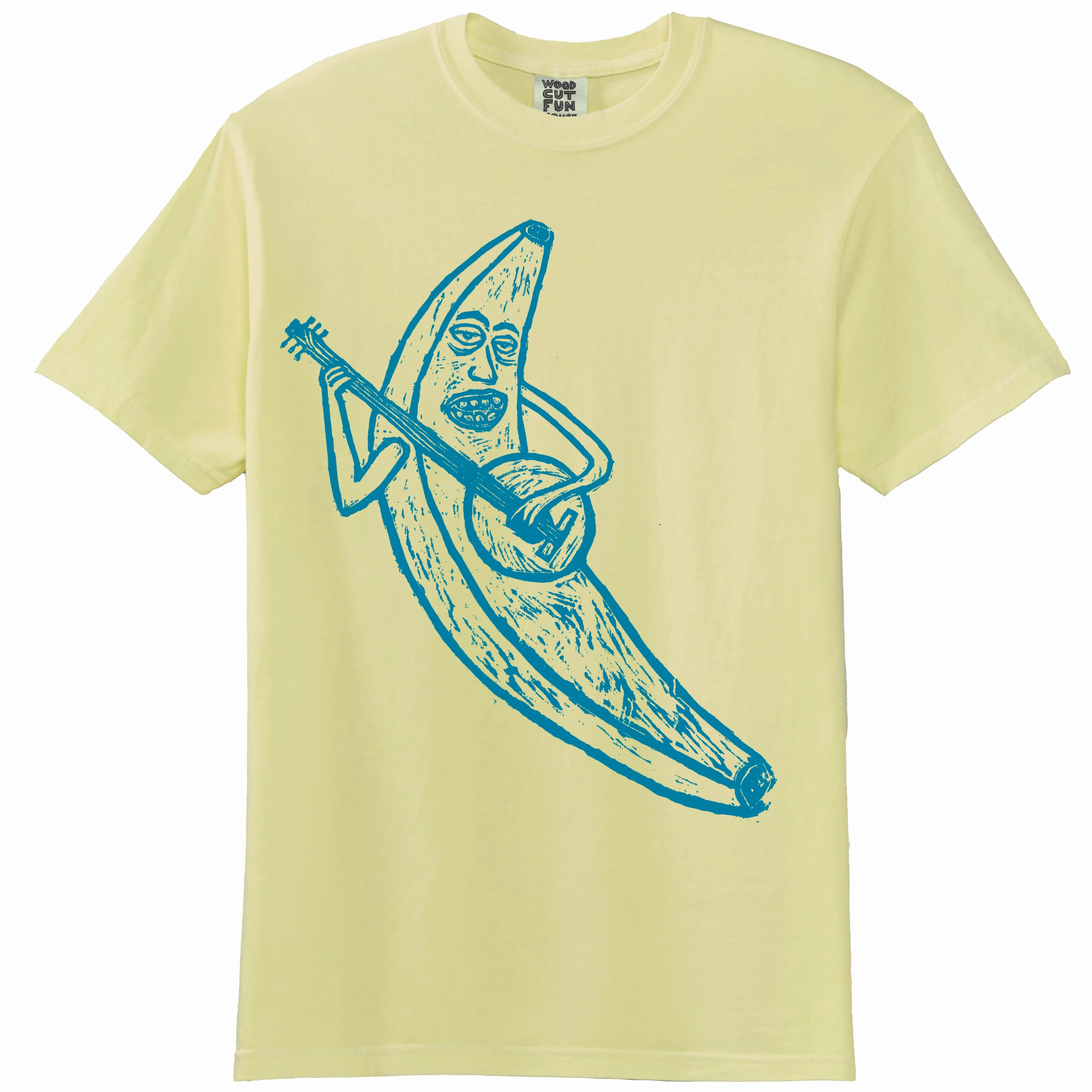 Banana Banjo Woodblock Hand-Printed T-Shirt Cotton Menswear Top Graphics Minimalist Streetwear Casual Comfort Colors All Cotton Long Sheer Yellow Tshirt