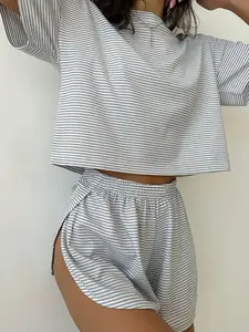 Women's Striped Print Drop Shoulder Tee & Wrap Split Shorts Pyjama Set, Casual Comfy Round Neck Short Sleeve T-shirt & Elastic Waist Shorts Pj Set, Summer Outfits