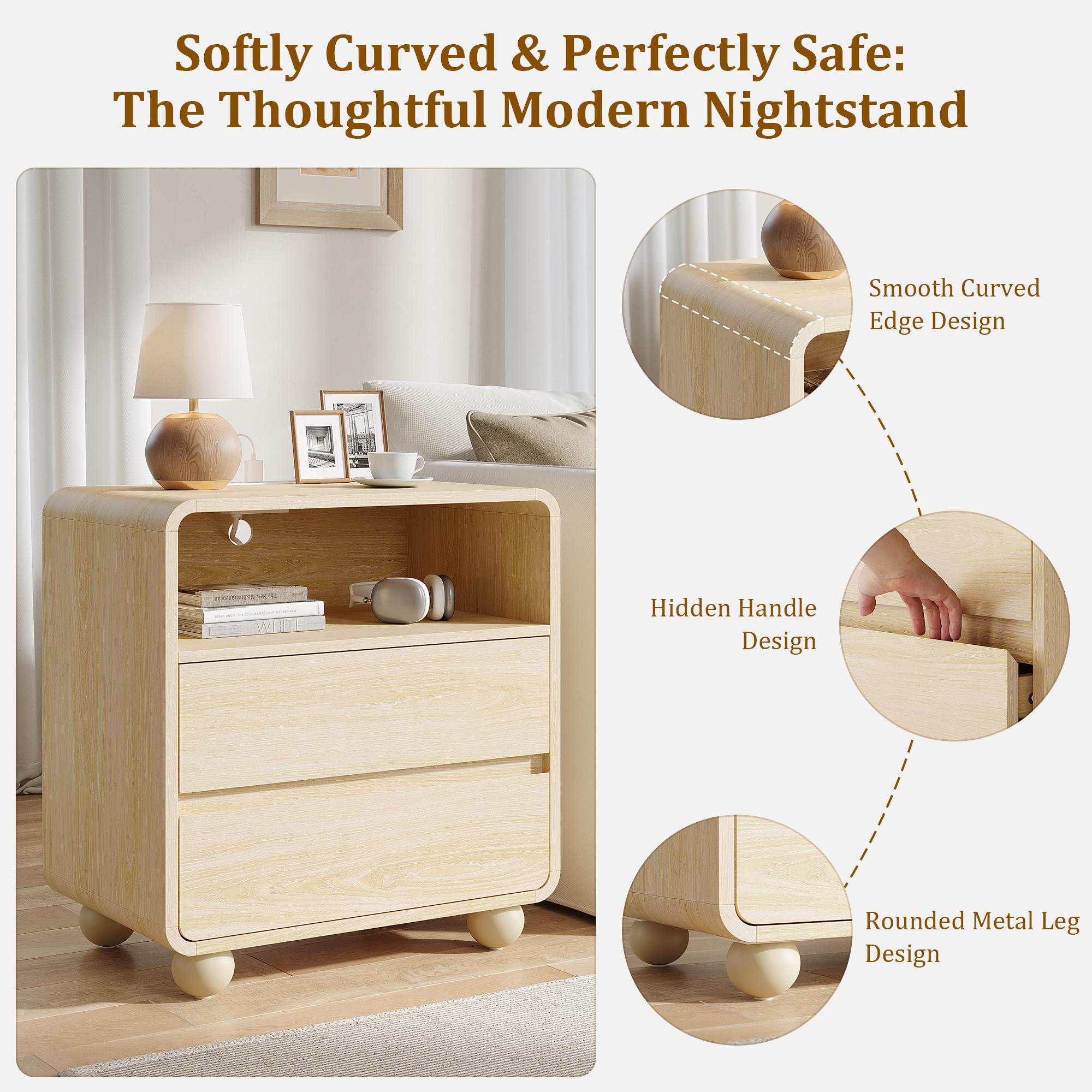 Aowos Nightstand, 23.6" Wide Large Bedside Table, Curved Wooden End Table with Charging Station, 2 Storage Drawers & Open Shelf, Bedroom Living Room, Panel End Tables for Bedroom & Living Room, Bedside Cabinet with USB Ports, Natural, Black, White Aowos Nightstand, 23.6" Wide Large Bedside Table, Curved Wooden End Table with Charging Station, 2 Storage Drawers & Open Shelf, Bedroom Living Room, Panel End Tables for Bedroom & Living Room, Bedside Cabinet with USB Ports, Natural, Black, White