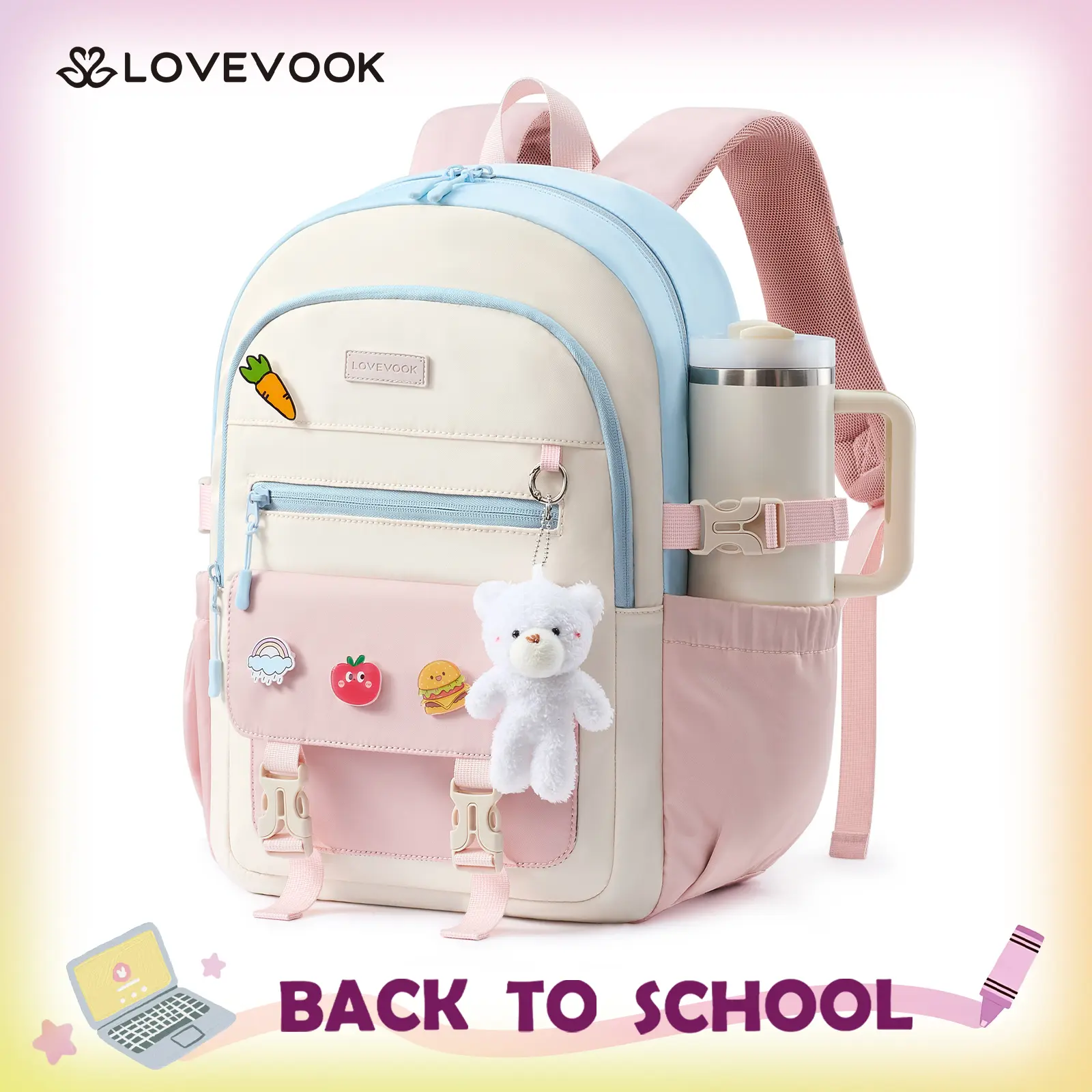 LOVEVOOK School Backpack for Teen Girls, Cute Student Bookbag Fits 15.6 Inch Laptop, Back to School Backpacks for 8-18 Teenager Kid, Large College Travel Back Pack with Water Bottle Holder Pink