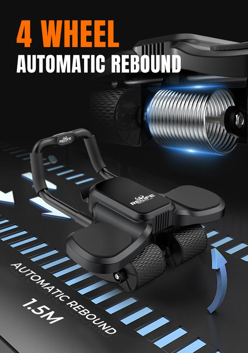 RELIFE REBUILD YOUR LIFE 4-Wheel Ab Roller with Knee Mat Automatic Rebound 2 in 1 Ab Roller with Widened Elbow Support Abdominal Training Equipment