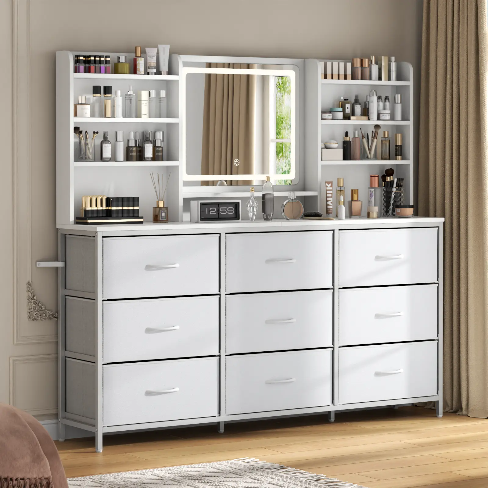 Gyfimoie Vanity Desk with Lighted Mirror, Makeup Vanity Table with 9 Fabric Drawers, 8 Storage Shelves & 3 Lighting Modes, Dressing Table with Mirror and Light for Girls, Women