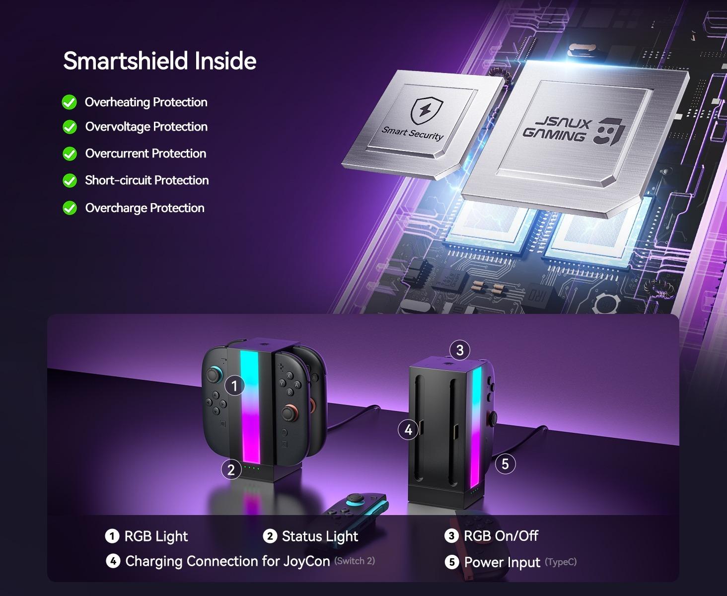 JSAUX EnergyFlow Charging Dock for Nintendo Switch 2 JoyCon Controllers, 4-in-1 RGB Magnetic Charger Station LED Indicator, Switch2 JoyCon Accessories with 5FT USB C Cable