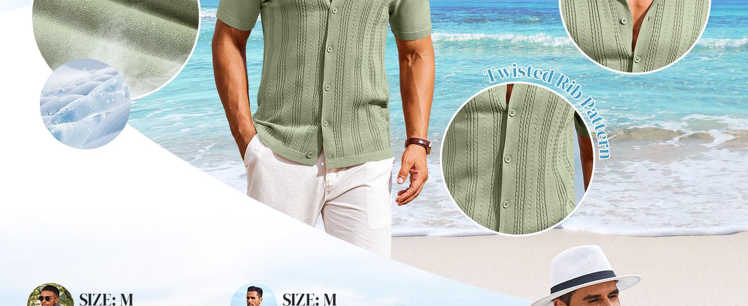 COOFANDY Men's Knit Shirts Short Sleeve Casual Button Down Polo Shirt Summer Beach Vacation Shirts Outfit Top