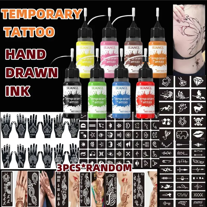 Haina Multi-Color Temporary Tattoo Kit Full-Coverage Washable Face Paint Makeup Cream with 8-Color Ink & 60+ Designs for Festivals Parties Events Cosmetic Cosmetic Water Soluble Body Paint Makeup Kit permanent tattoo marker