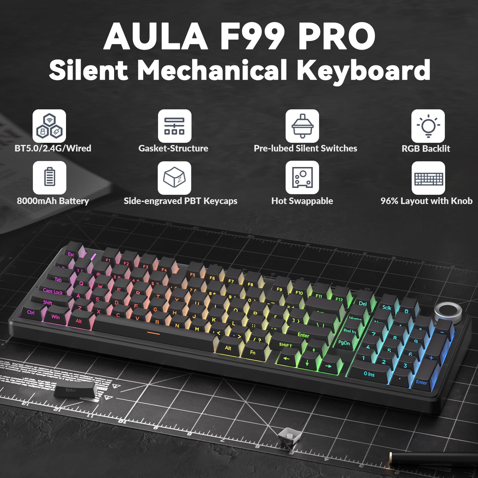 [Silent Switches]AULA F99 Pro Tri-Mode Mechanical Wireless Keyboard with Knob, BT5.0/USB-C/2.4GHz,Hot Swappable,Pre-lubed Switches,Gasket Structure,RGB Backlit Computer Gaming Keyboard (Black) Creamykeyboard Office PC Accessories TikTokShopfalldealsforyou