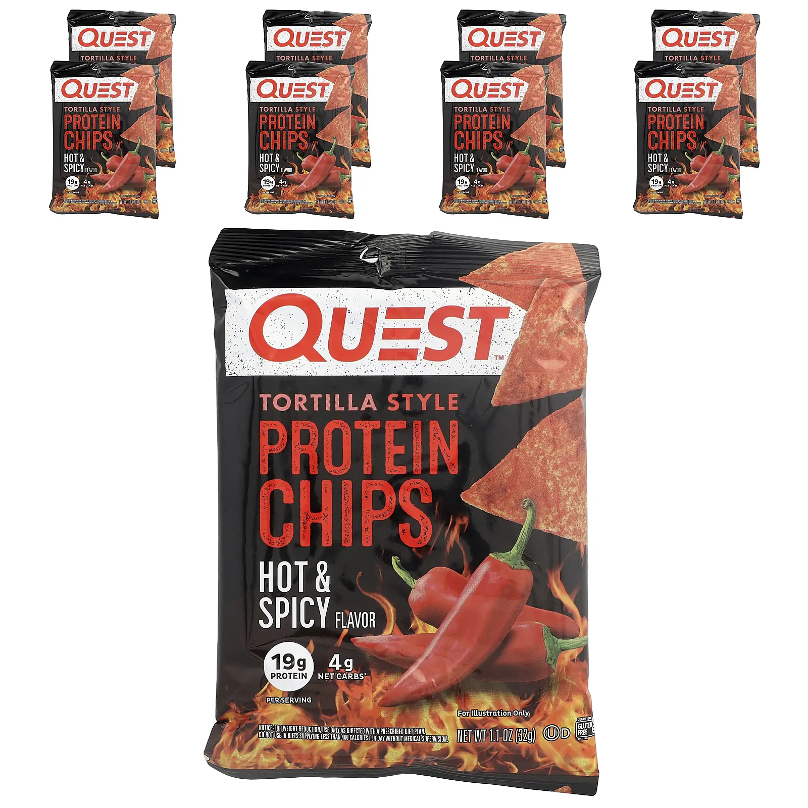 Quest Nutrition Tortilla Style Protein Chips, Hot & Spicy, 8 Bags, 1.1 oz (32 g) Each
