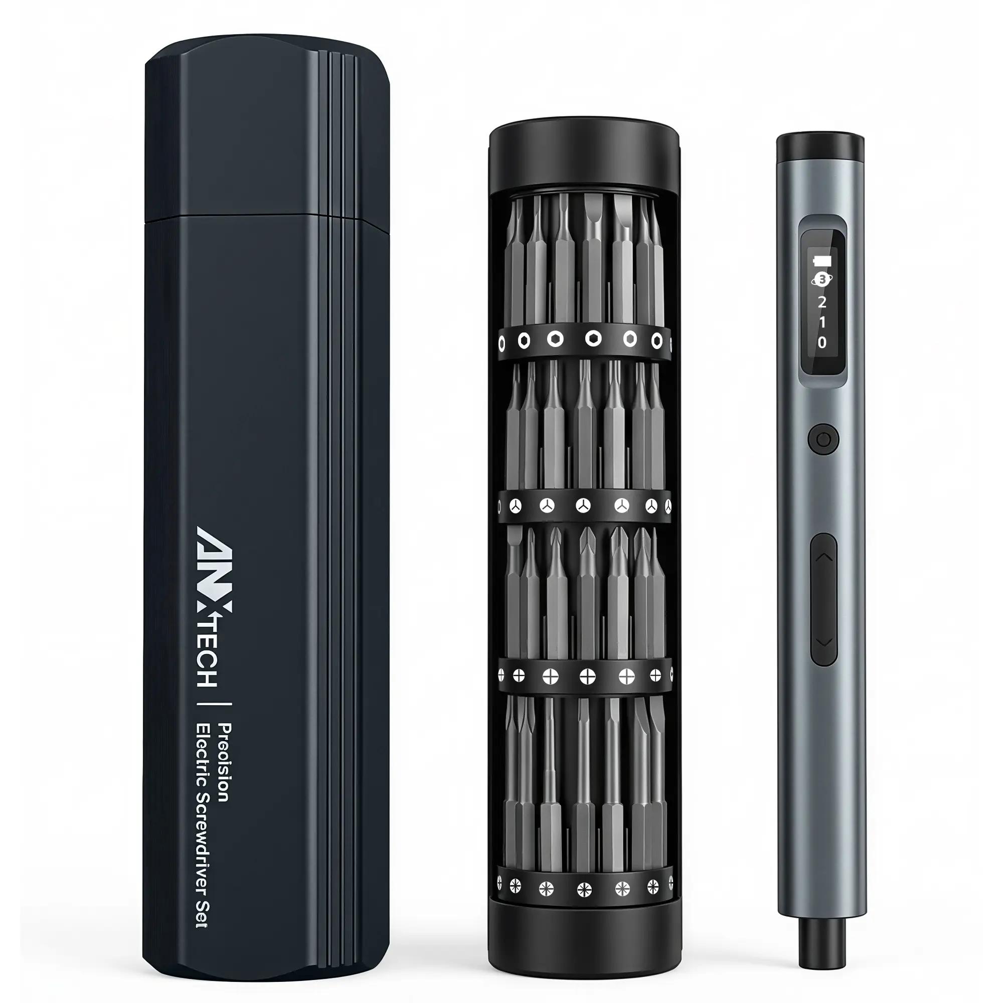ANXTECH 62-in-1 Adjustable Electric Screwdriver Set - 3 Torques (0.1-0.3 Nm), 60 Magnetic Bits, 5V USB Port, LED Light, 500mAh Cells Included - Ideal for DIY, Furniture Assembly