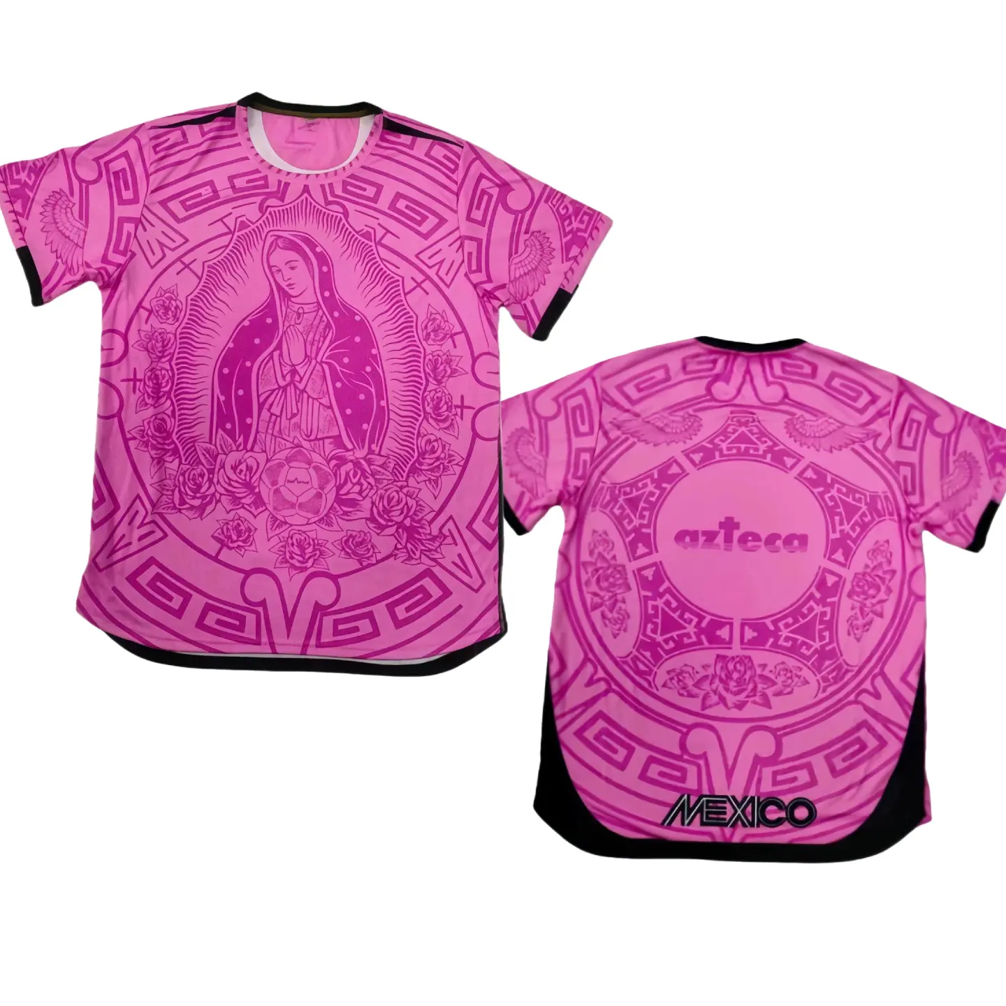 Pink Azteca Virgen de Guadalupe Soccer Jersey Short Sleeve Football Shirt with Aztec Print for Men Women Sports Fan Apparel vintage streetwear