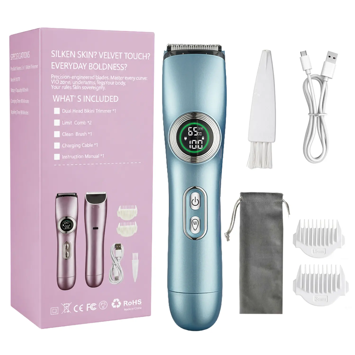 Women's Sensitive Skin Dual Head UV Spray Finish Bikini Trimmer - Rechargeable Wet & Dry Hair Shaver, Built-in LED Light, Child Lock Safe, IPX7 Waterproof Personal Care Appliance