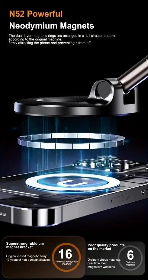 Magnetic Car Phone Holder - 360° Rotation & Folding, Equipped with Vacuum Suction Cup, Suitable for Car, Gym, Office & Driving Use Foldable Smartphone