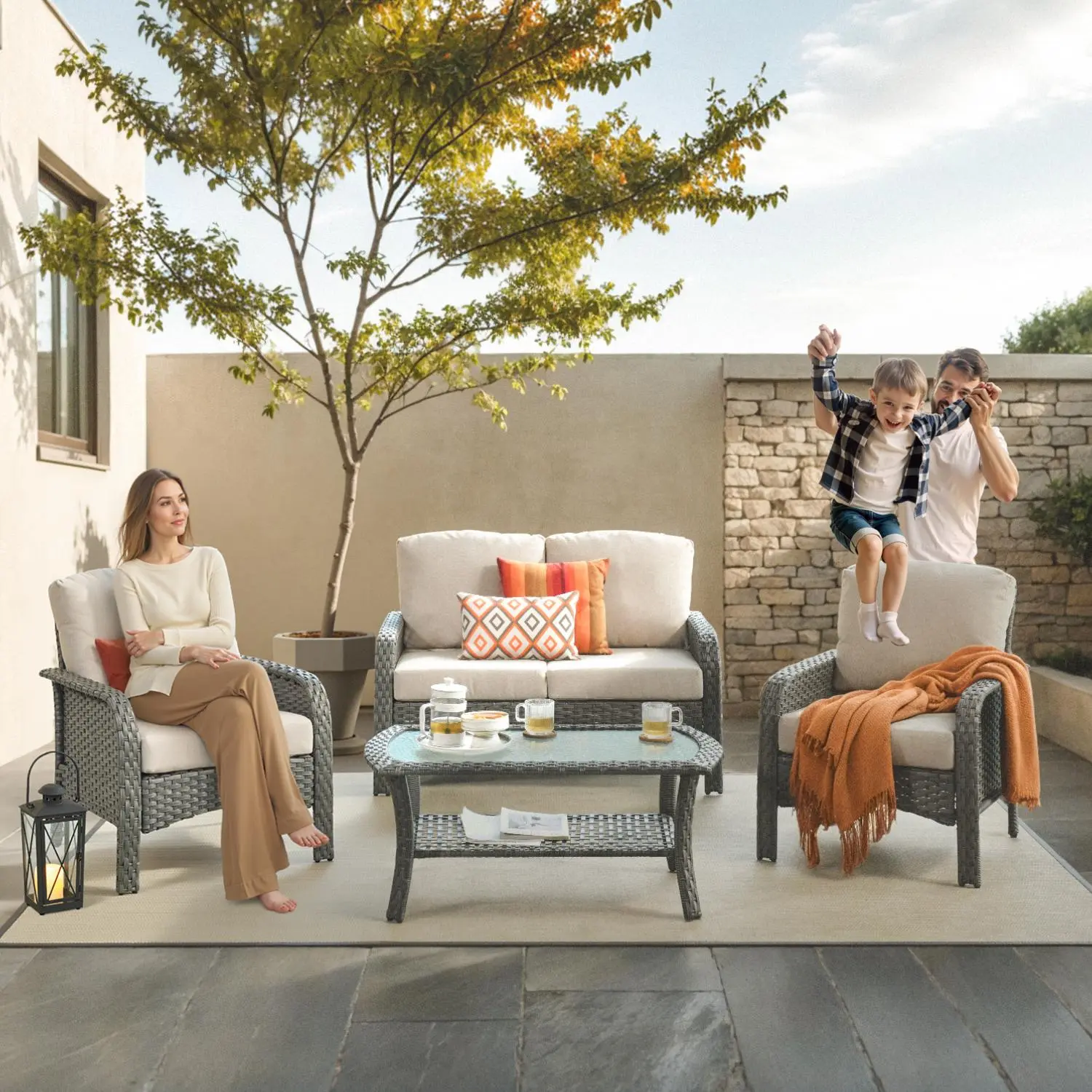 【Summerfinds】OVIOS 4-Piece Outdoor Patio Furniture Set with High-Back Loveseat, Wicker Chairs & Coffee Table, All-Weather Conversation Set with Comfy Cushions for Backyard, Patio, Porch, Deck & Garden