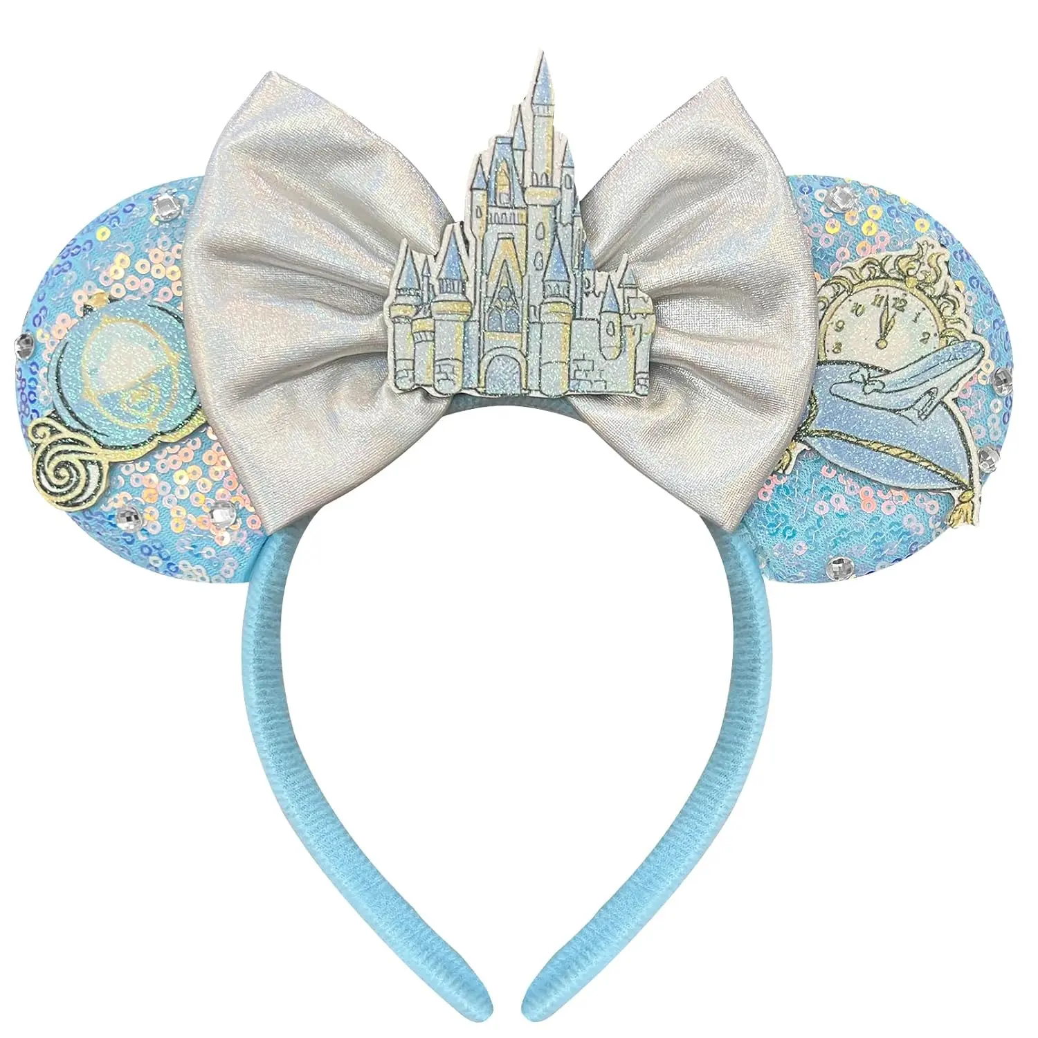 Girls' Princess Themed Elastic Headband - Blue Sequin Animal Cartoon Mouse Ears, Glitter Castle Bows, One Size Kids' Hair Accessory for Birthday, Party Visits