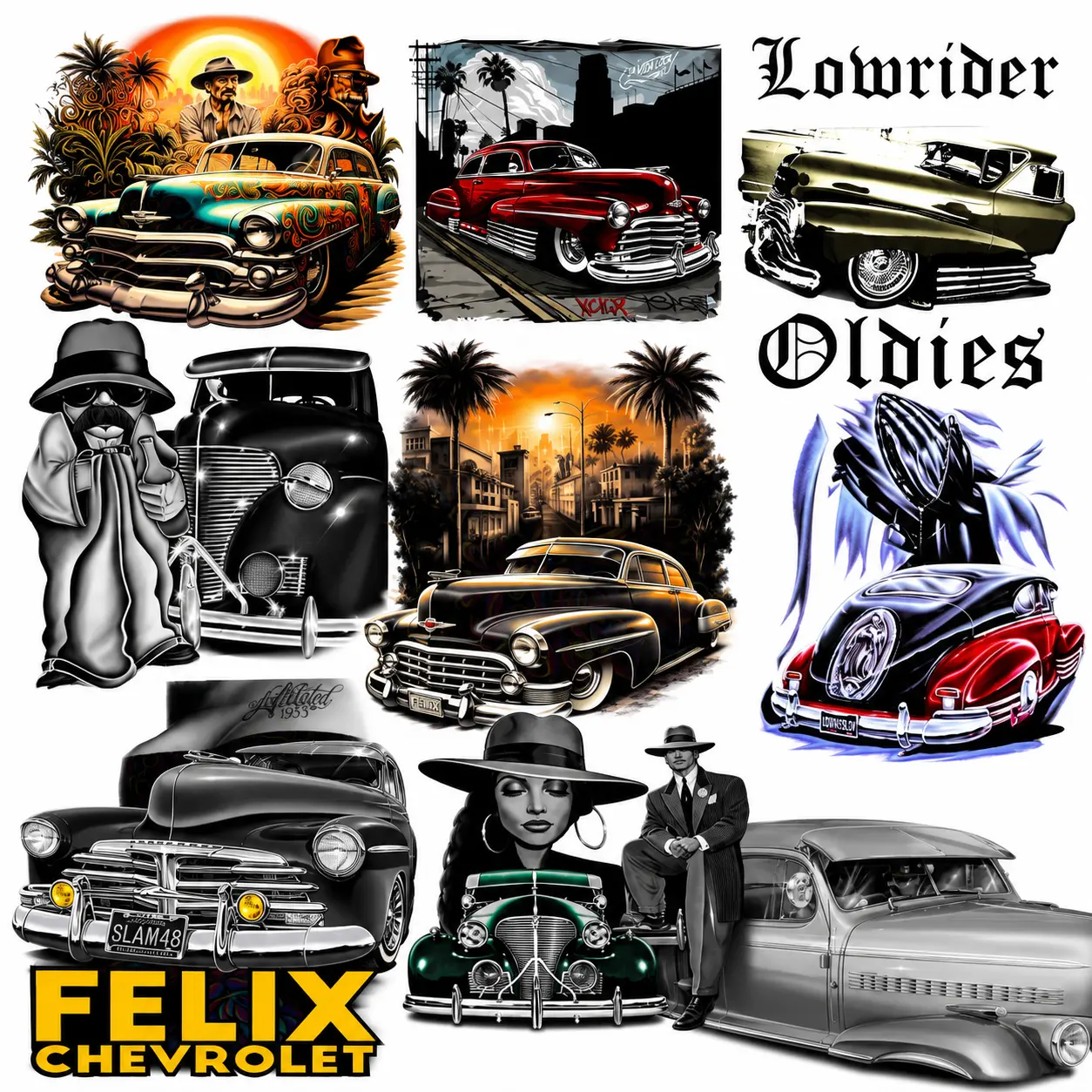 Lowrider Bomba Halftone 10 Full-Size DTF Gang Sheet Transfers - DIY Products, Craft Supplies, Ready-to-Press Premium Vibrant Stretchable Ink - 22"x60", 10-15 Seconds Application for Hoodies, Streetwear Brands