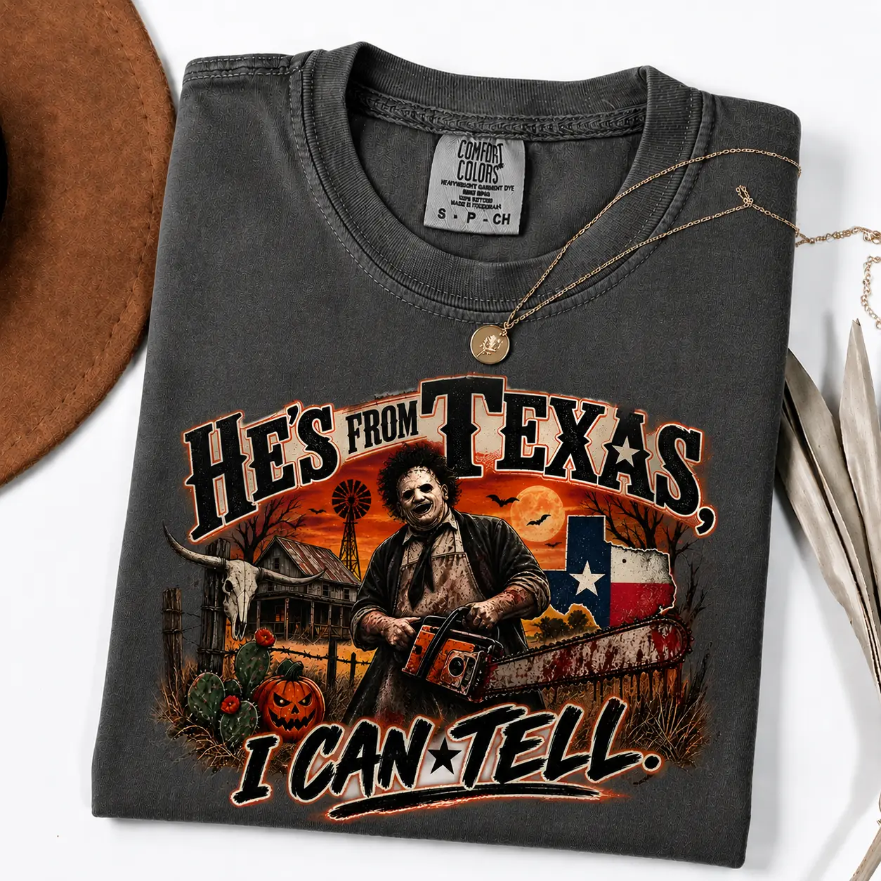 Comfort Colors He's From Texas I Can Tell Shirt, Slasher Halloween Tee, Texas Horror Shirt, Funny Horror Spooky Season Vintage Horror Graphic Tee