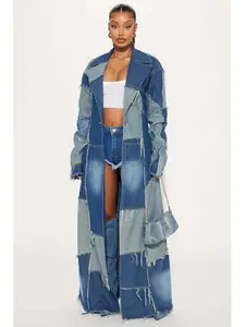 Don't Talk Loud Denim Trench Coat - Vintage Wash Patchwork Raw Edge Oversized 80% Cotton 11% Polyester 9% Viscose