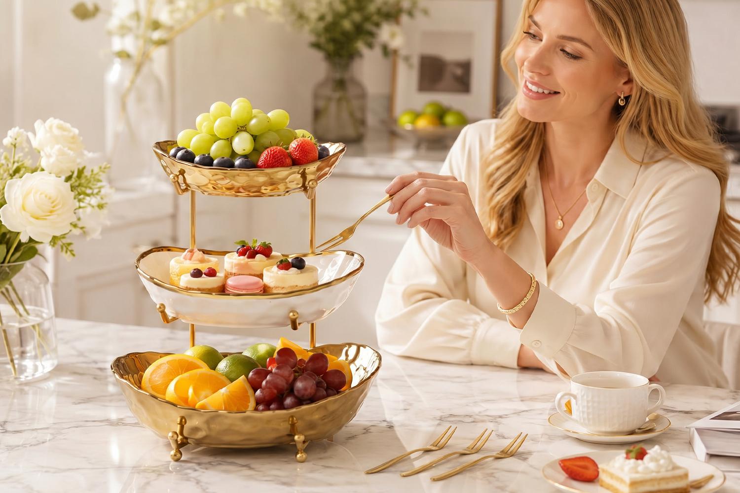 3-Tier Ceramic Fruit Bowl with Gold Metal Stand & 3 Gold Fruit Forks, Modern Kitchen Counter Fruit Basket & Countertop Organizer for Fruit, Snacks, Desserts, Bread & Vegetables