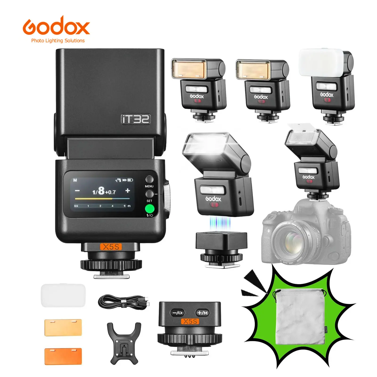 GODOX iT32 TTL Camera Flash with X5S Wireless Trigger for Sony Magnetic Hotshoe & Trigger 2-in-1, Compatible with Sony ZV-E10 II, ZV-E10, ZV-E1, a7III,a6700, a6400,a7C II, a7C, a7CR, RX1RII,ZV-1II