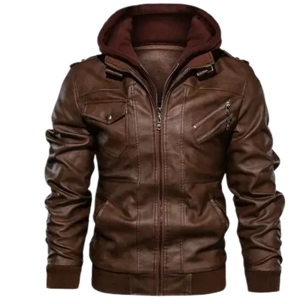 Menswear Detachable Hood Fitted Cut Multi-Pocket Vintage Plain Leather Coat - Stylish Streetwear Outerwear for Autumn/Winter Commuting, Casual Outings
