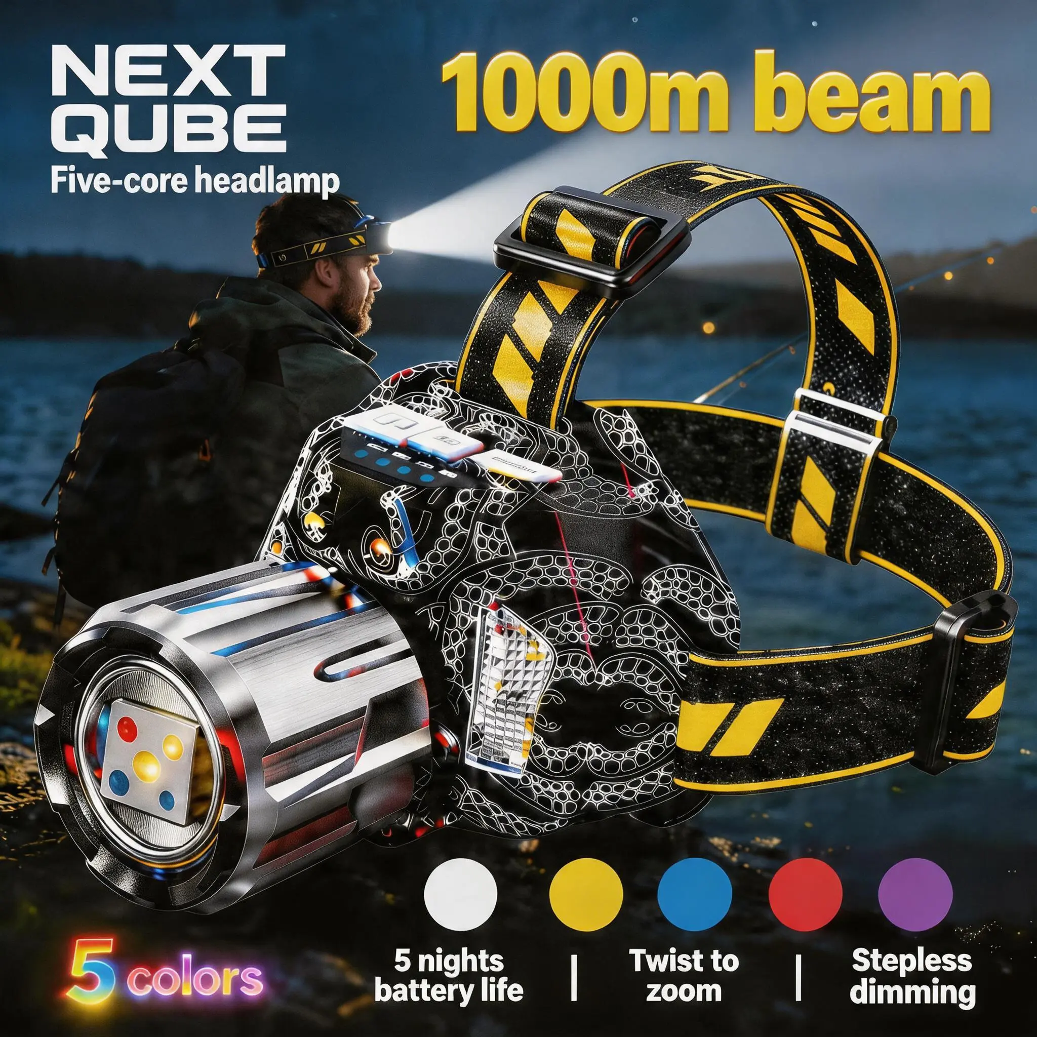 Unisex Rechargeable Smart Multi-Spectrum Headlamp with Adjustable Detachable Headband, High Lumen Long-Range Brightness, 5 Switchable Colors (White,Yellow,Blue,Red,UV) - Outdoor Gadgets for Night Camping,Hiking, High Lumen Flashlight