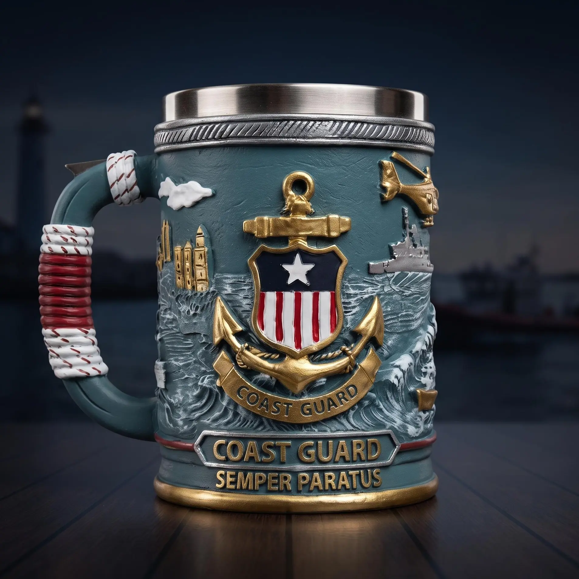 Coast Guard 3D Resin Mug, 13 Oz Military-Themed Mug with Stainless Steel Liner, Hand-Painted Nautical Design, Unique Gift for Veterans, Patriots & Military History Fans