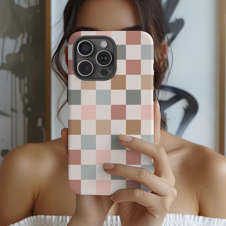 BOHO CHECKERED Case Cute Neutral Phone Cover for iPhone 17 16 15 14 13 12 Pro Max Plus Mini Trendy Phone Accessories Gift For Her Sweet Protection Protective